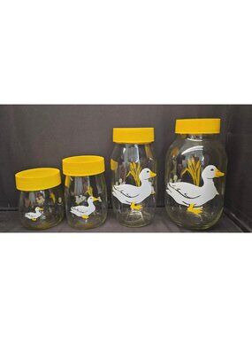 Vintage 1982 Carlton Yellow & Glass Canister Set Country Duck Goose Cottage Core